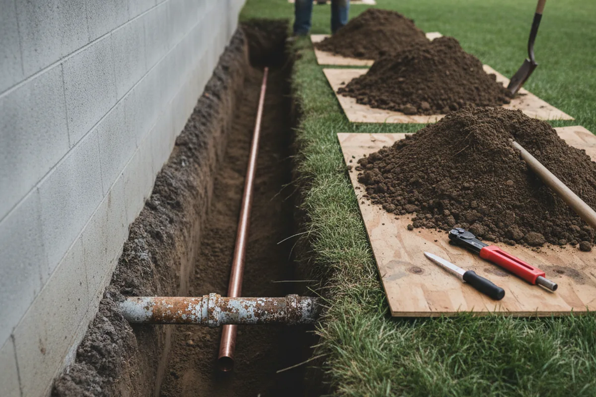 Excavated water line trench during Water Softener Installation in Kenvil